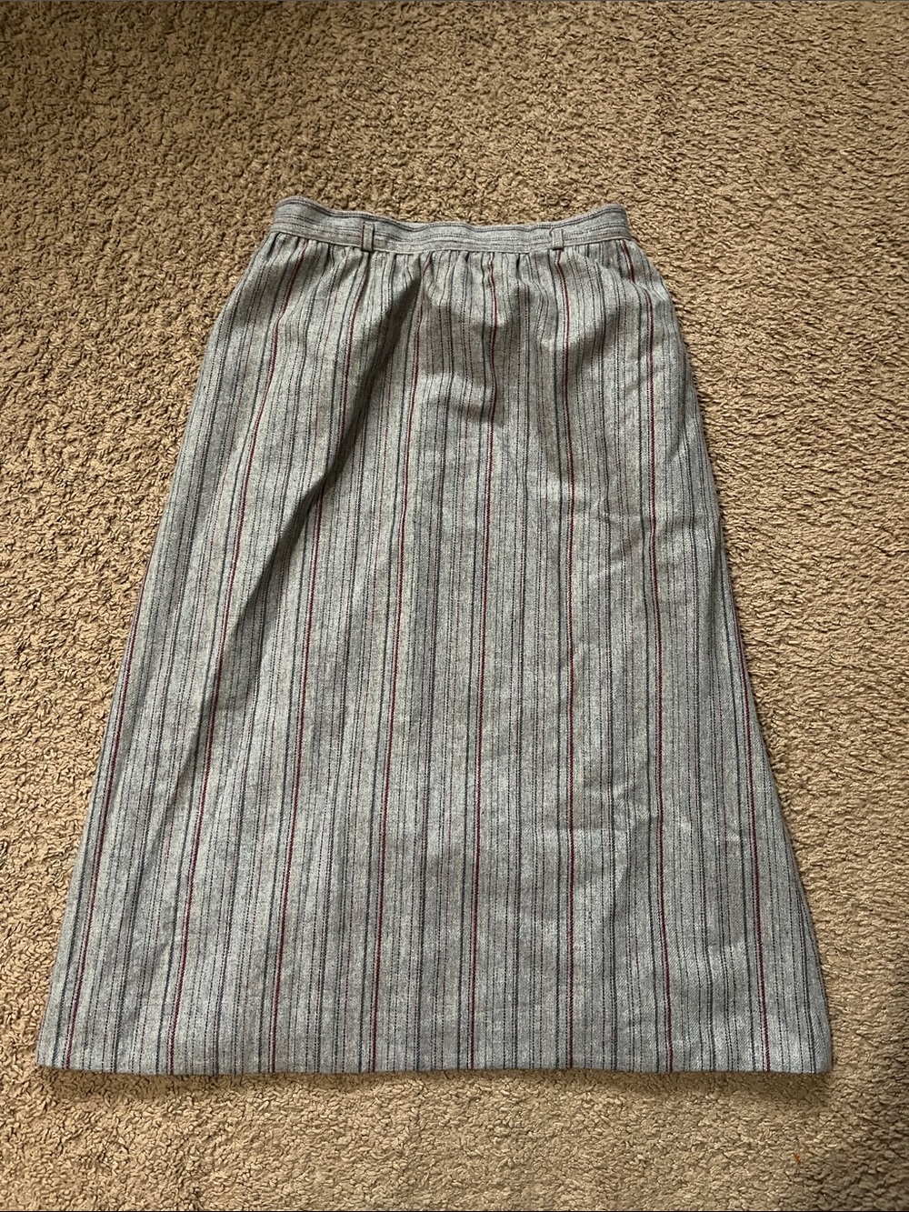 Gray Pinstripe Midi Skirt with Red Stripe Detail
